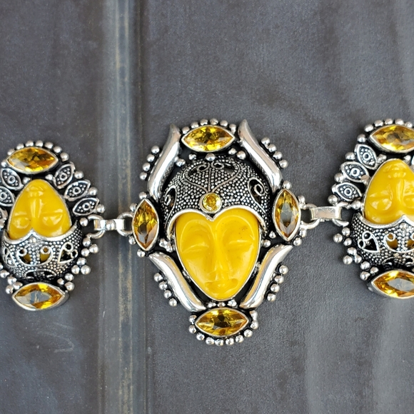 New Carved Yellow 3 Goddess Face Citrine 925 Silver Bracelet. - Picture 11 of 16